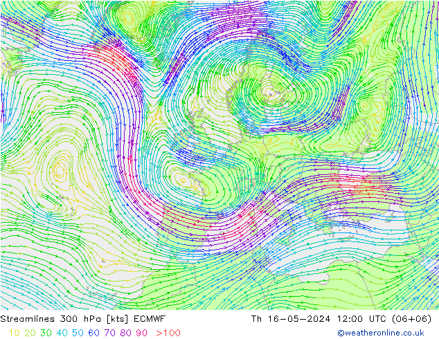 Linea di flusso 300 hPa ECMWF gio 16.05.2024 12 UTC