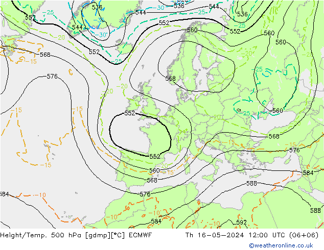 Z500/Rain (+SLP)/Z850 ECMWF Do 16.05.2024 12 UTC
