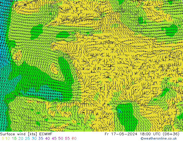 Surface wind ECMWF Pá 17.05.2024 18 UTC