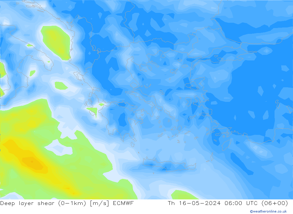Deep layer shear (0-1km) ECMWF do 16.05.2024 06 UTC