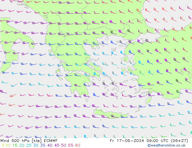 wiatr 500 hPa ECMWF pt. 17.05.2024 09 UTC