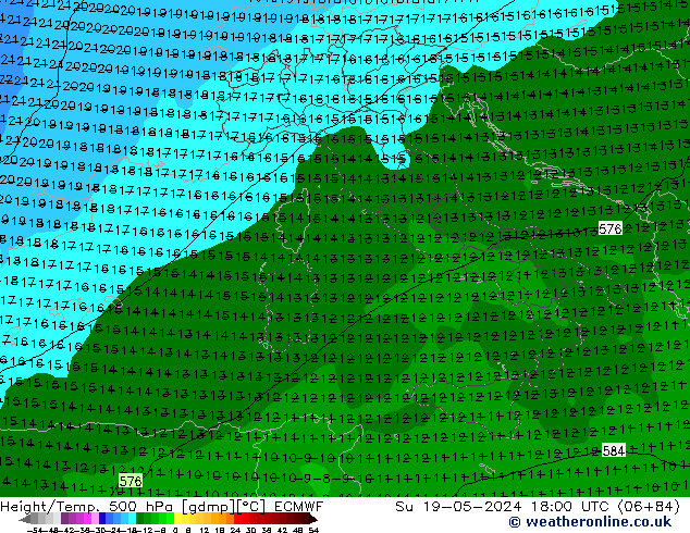 Z500/Rain (+SLP)/Z850 ECMWF Su 19.05.2024 18 UTC