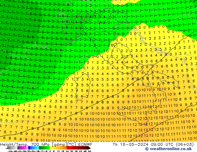 Height/Temp. 700 гПа ECMWF чт 16.05.2024 09 UTC