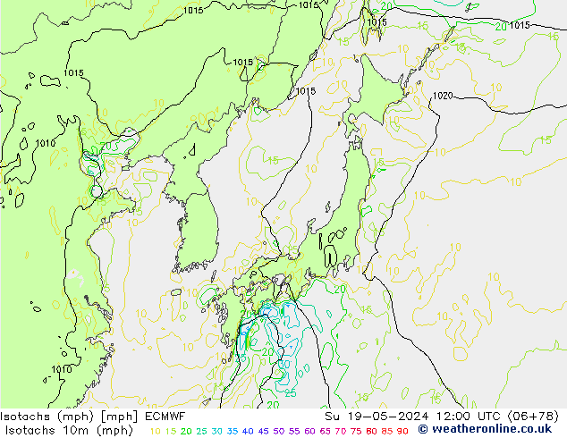 Isotachs (mph) ECMWF Вс 19.05.2024 12 UTC