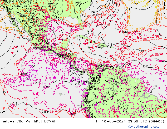 Theta-e 700hPa ECMWF Qui 16.05.2024 09 UTC