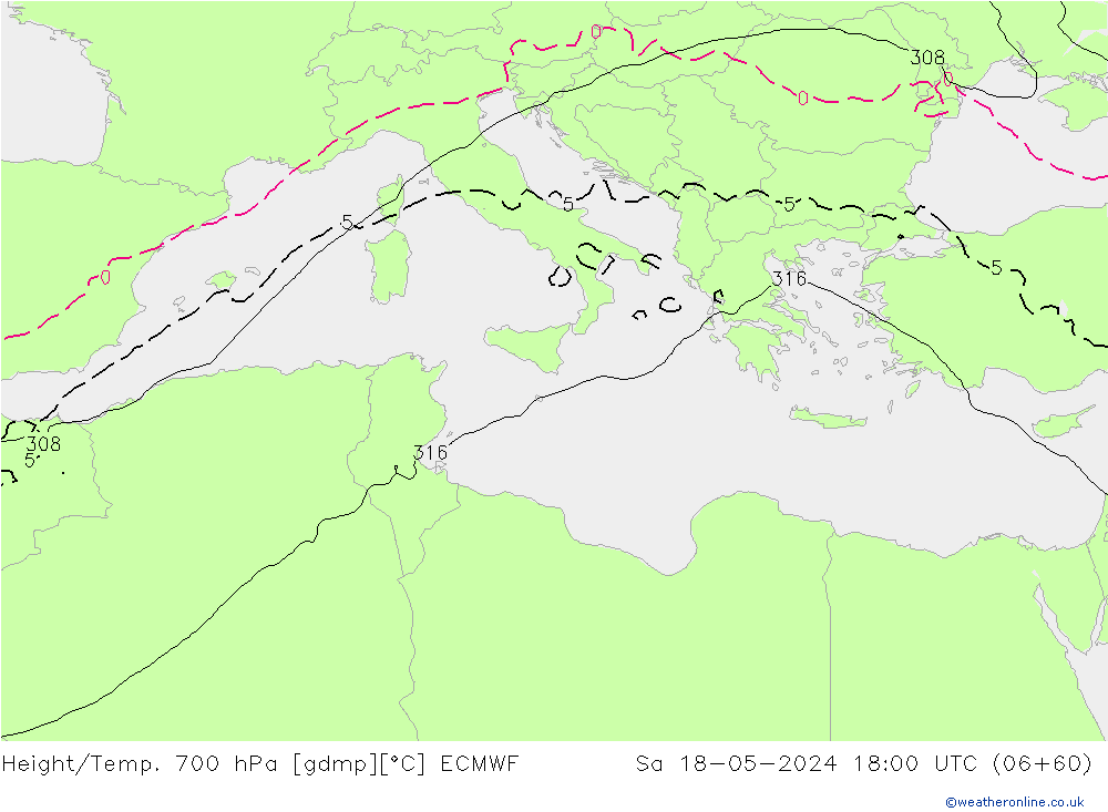 Géop./Temp. 700 hPa ECMWF sam 18.05.2024 18 UTC