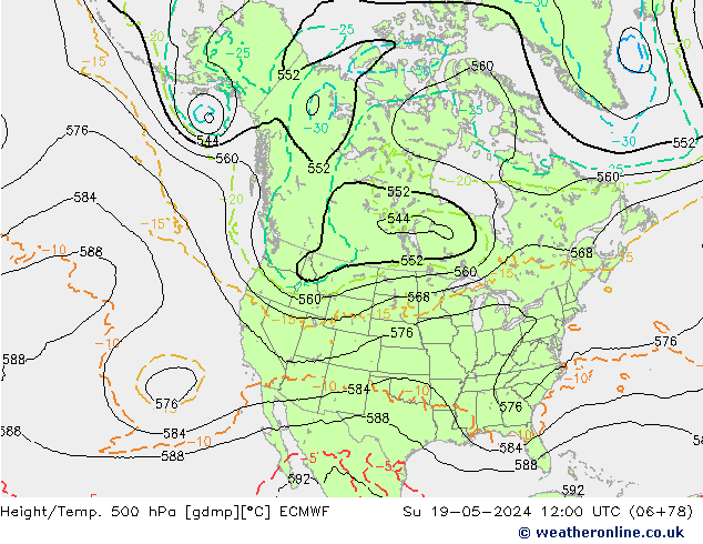 Z500/Rain (+SLP)/Z850 ECMWF Dom 19.05.2024 12 UTC