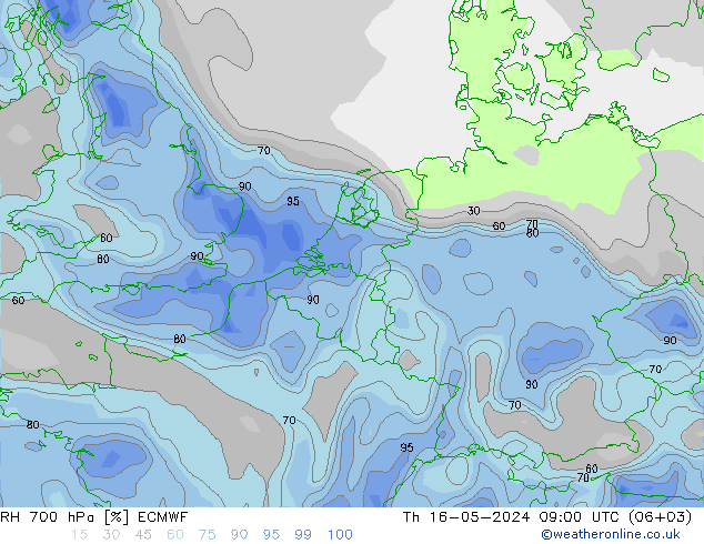 RH 700 hPa ECMWF 星期四 16.05.2024 09 UTC