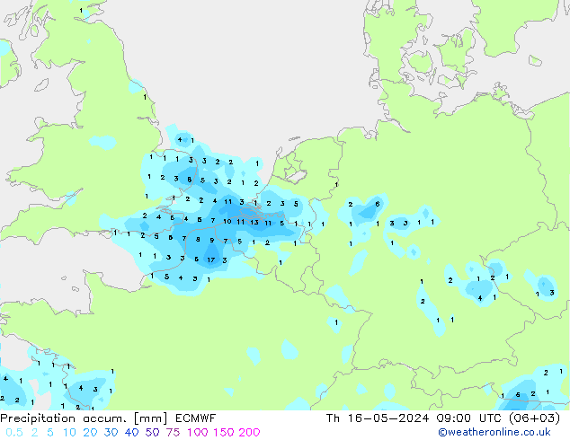Precipitation accum. ECMWF 星期四 16.05.2024 09 UTC