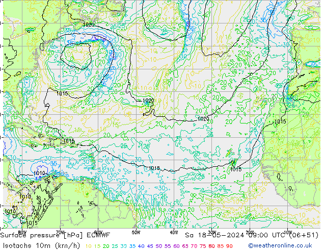 Eşrüzgar Hızları (km/sa) ECMWF Cts 18.05.2024 09 UTC