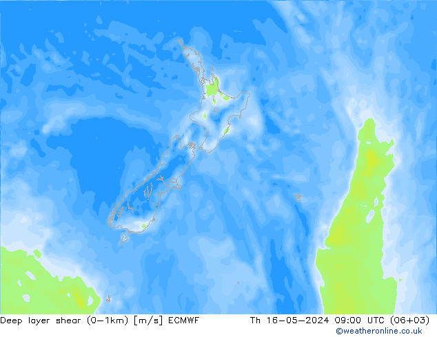 Deep layer shear (0-1km) ECMWF Th 16.05.2024 09 UTC