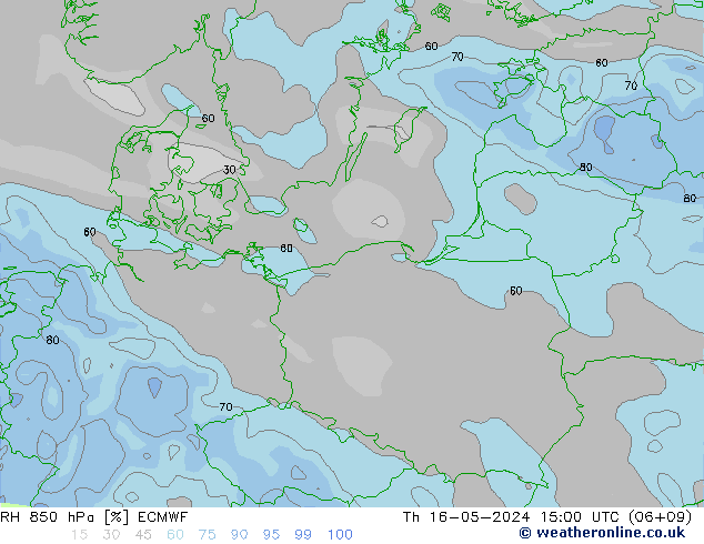 Humidité rel. 850 hPa ECMWF jeu 16.05.2024 15 UTC