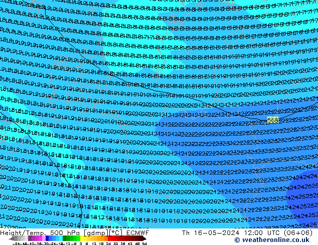 Height/Temp. 500 hPa ECMWF Do 16.05.2024 12 UTC