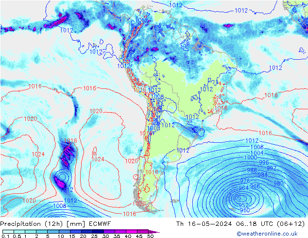 Totale neerslag (12h) ECMWF do 16.05.2024 18 UTC