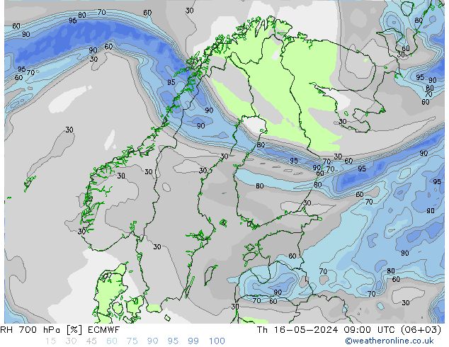RH 700 hPa ECMWF 星期四 16.05.2024 09 UTC