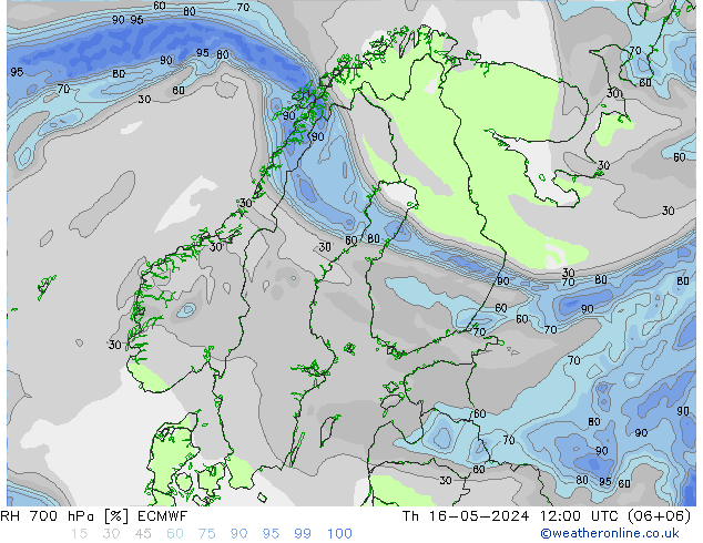 RH 700 hPa ECMWF 星期四 16.05.2024 12 UTC