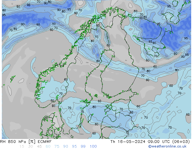 RH 850 hPa ECMWF 星期四 16.05.2024 09 UTC