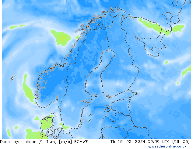 Deep layer shear (0-1km) ECMWF 星期四 16.05.2024 09 UTC