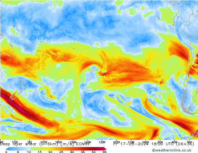 Deep layer shear (0-6km) ECMWF Fr 17.05.2024 18 UTC