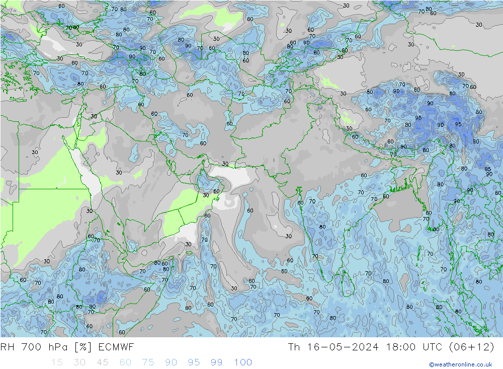 RH 700 hPa ECMWF Čt 16.05.2024 18 UTC