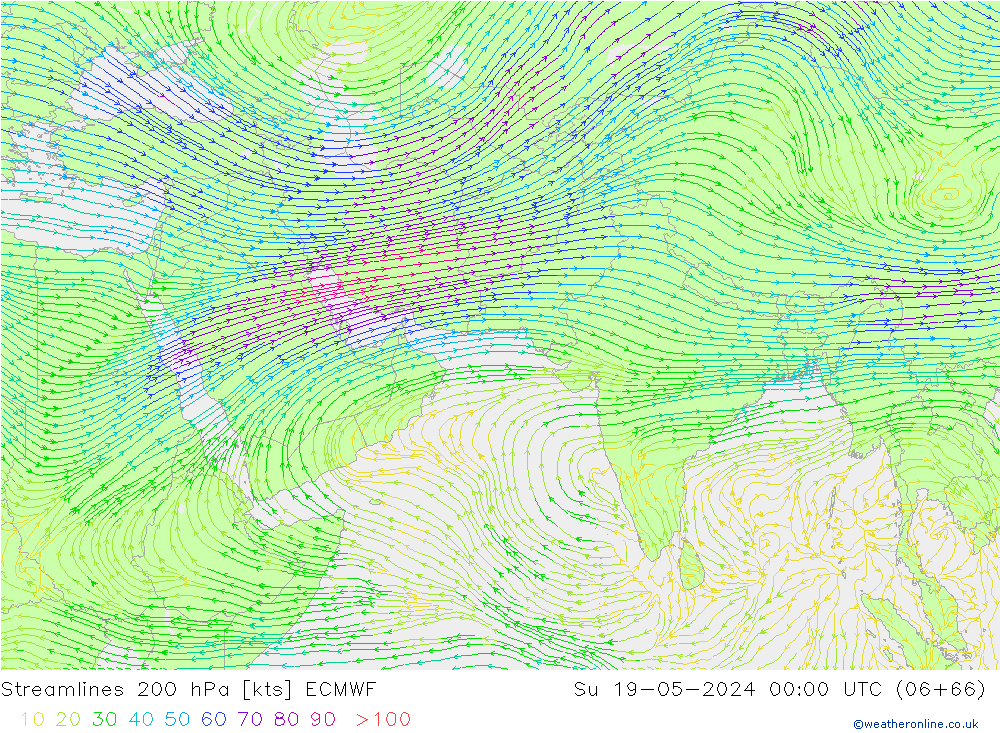 Streamlines 200 hPa ECMWF Su 19.05.2024 00 UTC