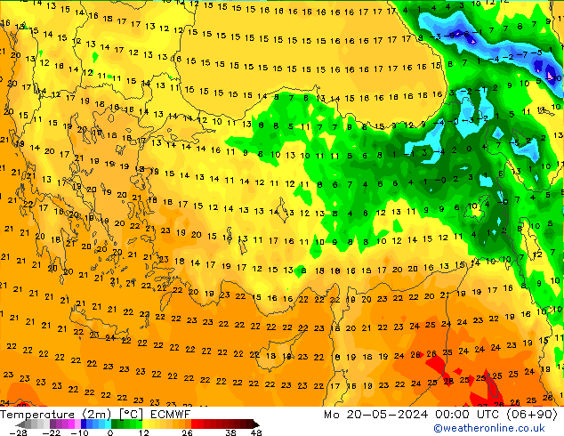 Temperatuurkaart (2m) ECMWF ma 20.05.2024 00 UTC