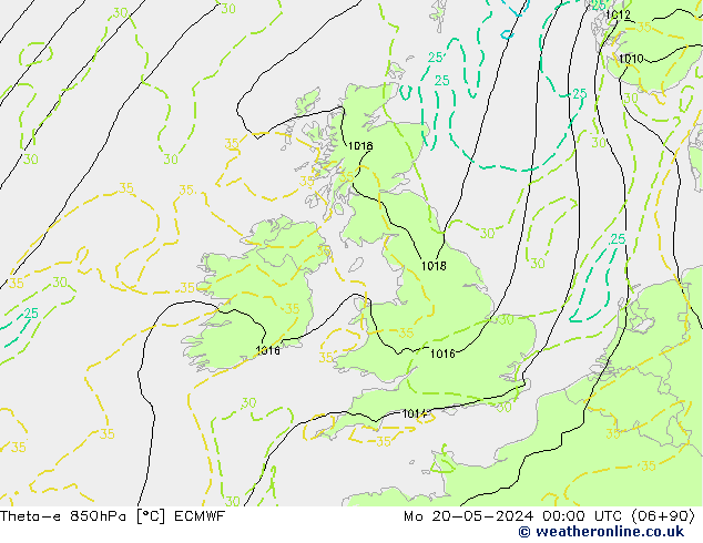 Theta-e 850hPa ECMWF lun 20.05.2024 00 UTC