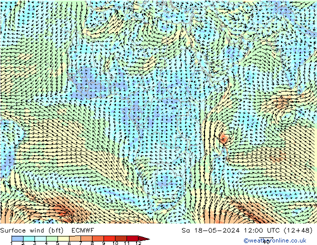 Wind 10 m (bft) ECMWF za 18.05.2024 12 UTC