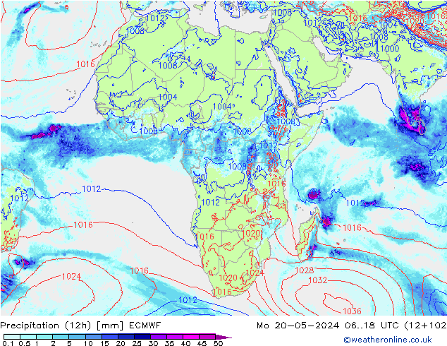Precipitation (12h) ECMWF Mo 20.05.2024 18 UTC