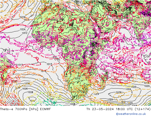Theta-e 700hPa ECMWF Per 23.05.2024 18 UTC