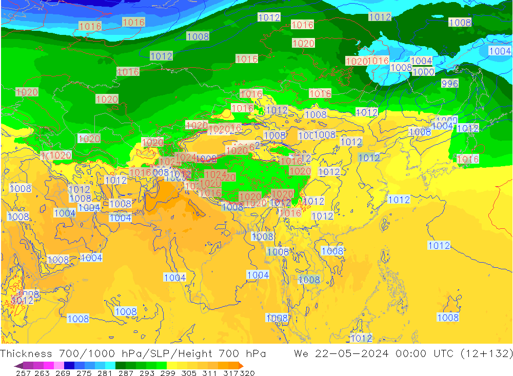 Espesor 700-1000 hPa ECMWF mié 22.05.2024 00 UTC