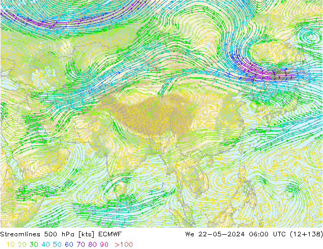 Linea di flusso 500 hPa ECMWF mer 22.05.2024 06 UTC