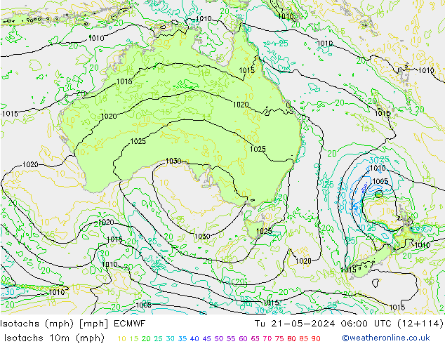 Isotachs (mph) ECMWF  21.05.2024 06 UTC