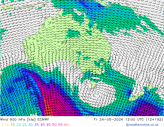 wiatr 900 hPa ECMWF pt. 24.05.2024 12 UTC
