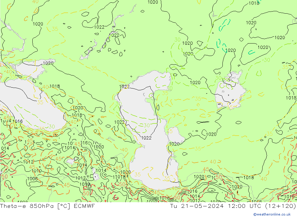 Theta-e 850hPa ECMWF Tu 21.05.2024 12 UTC