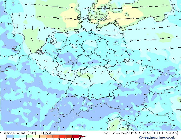 Wind 10 m (bft) ECMWF za 18.05.2024 00 UTC