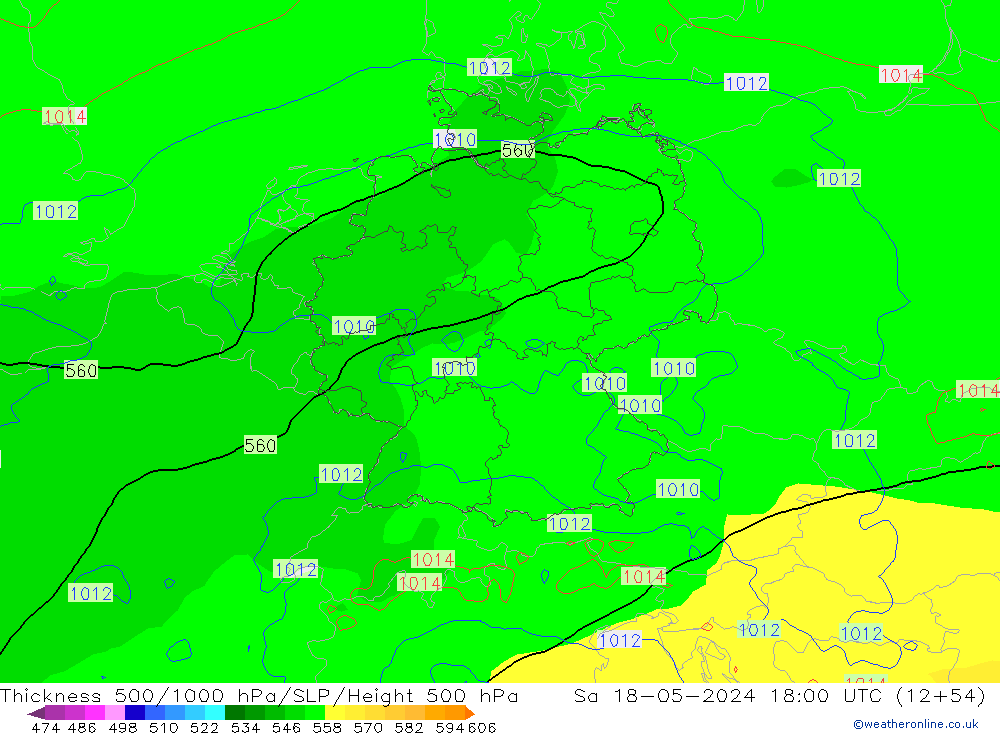 Dikte 500-1000hPa ECMWF za 18.05.2024 18 UTC