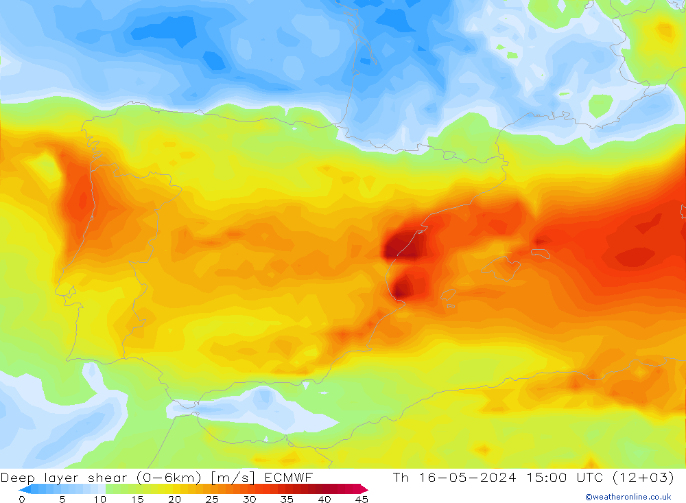 Deep layer shear (0-6km) ECMWF Per 16.05.2024 15 UTC