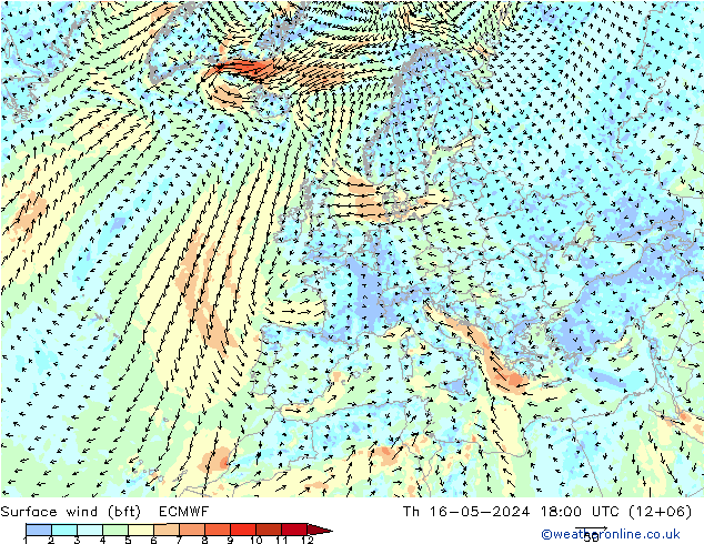 Rüzgar 10 m (bft) ECMWF Per 16.05.2024 18 UTC