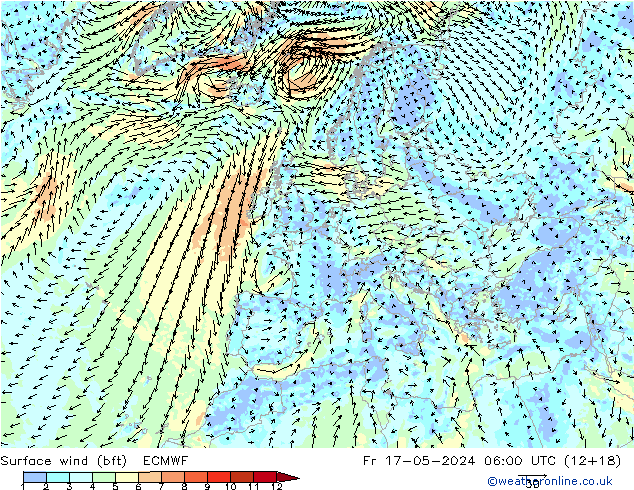 wiatr 10 m (bft) ECMWF pt. 17.05.2024 06 UTC