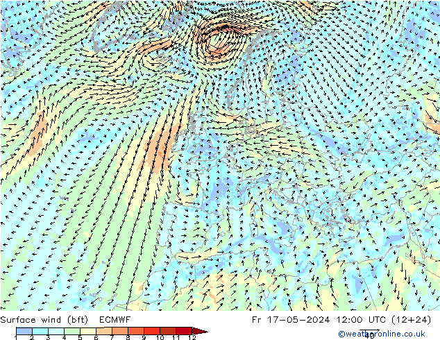 Wind 10 m (bft) ECMWF vr 17.05.2024 12 UTC
