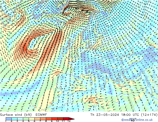 Surface wind (bft) ECMWF Čt 23.05.2024 18 UTC