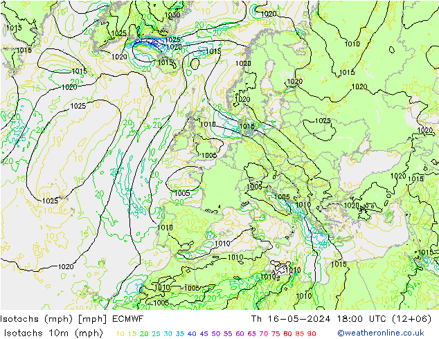 Isotachs (mph) ECMWF чт 16.05.2024 18 UTC