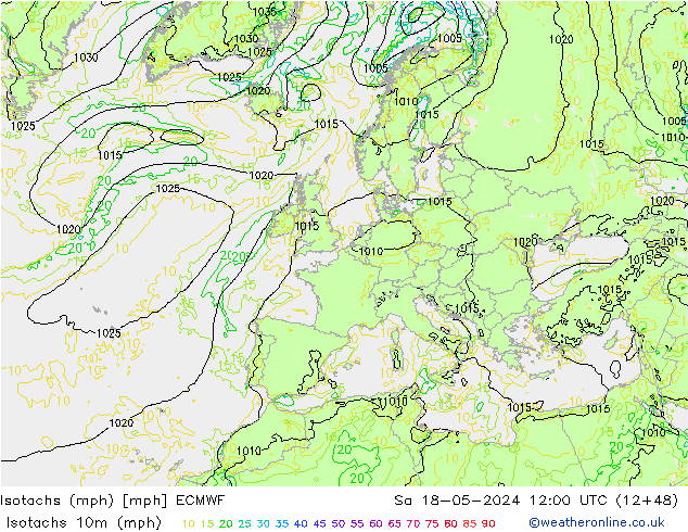 Isotachen (mph) ECMWF Sa 18.05.2024 12 UTC