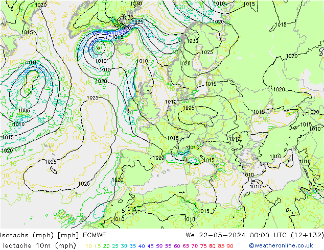 Isotachen (mph) ECMWF wo 22.05.2024 00 UTC