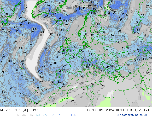 Humedad rel. 850hPa ECMWF vie 17.05.2024 00 UTC