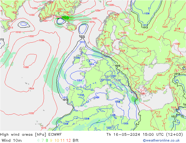 High wind areas ECMWF Th 16.05.2024 15 UTC