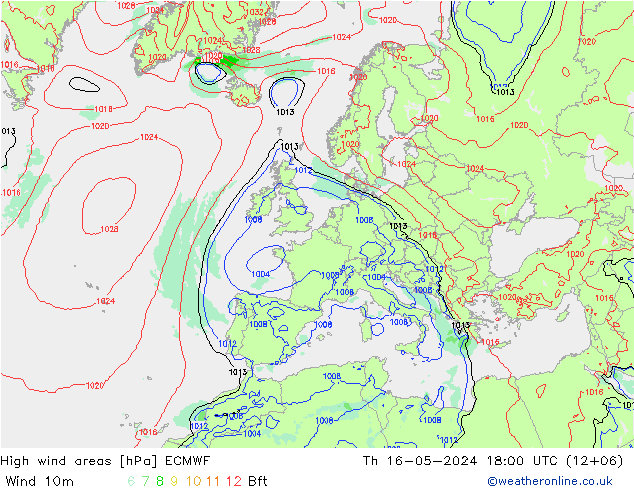 High wind areas ECMWF jue 16.05.2024 18 UTC