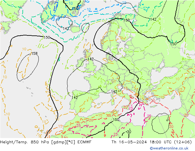 Geop./Temp. 850 hPa ECMWF jue 16.05.2024 18 UTC