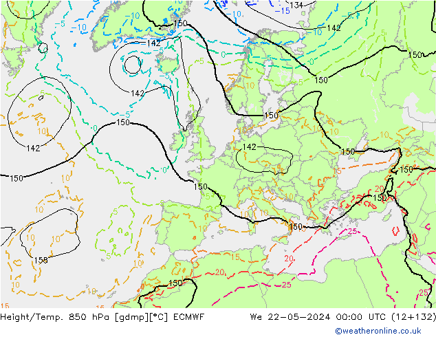 Z500/Rain (+SLP)/Z850 ECMWF mer 22.05.2024 00 UTC